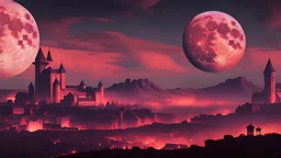 night scene images featuring a blood red full moon in a medieval kingdom, perfect composition, hyperrealistic, super detailed, 8k, high quality, trending art, trending on artstation, sharp focus, studio photo, intricate details, highly detailed, by greg rutkowski