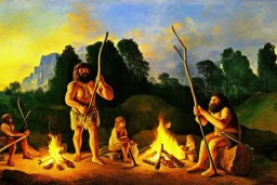 caveman holding a club, cave, cave bear, campfire, stone age, Impressionism, masterpiece, mellow, dawn,