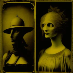 Daguerrotype close up some mysterious figures, odd background, cinematic, Hieronymus Bosch, Max Ernst vegetal life, rotten, ambient light, ghosts, Amano, Botticelli, Alphonse Mucha