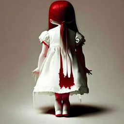 A girl's doll wearing a white dress with red blood bleeding from the back