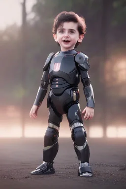 Timothee chalamet toddler, robocop, full body, jump, bokeh, hyper realistic