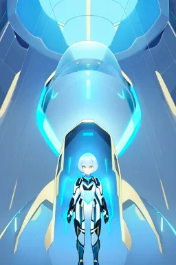 Young woman with golden eyes and light blue short hair, futuristic clothing