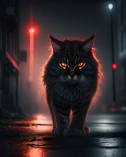 high detail, high resolution, sharp focus, very large Norwegian wild cat, glowing red eyes, in the street of a dark deserted city, aggressive, foreboding, creepy, japan, fog, My Hero Academia