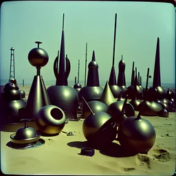 Odd spindle-shaped objects scattered over an arid surface, nothingness, close-up, polaroid, in Yves Tanguy style, nightmare, highly hypermaximalist