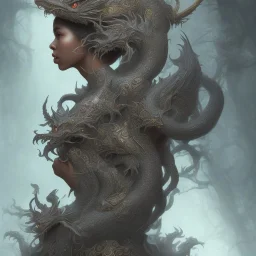 sango fantasy, fantasy magic, intricate, sharp focus, illustration, highly detailed, digital painting, concept art, matte, artgerm and paul lewin and kehinde wiley, masterpiece sexy lips Asian afro lips black African lady body Asian Dragon head silver bright rain lady outer space