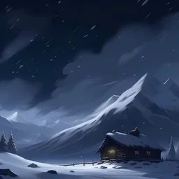 anime style snowy mountain in a blizzard with dark skys and a small cabin in the background