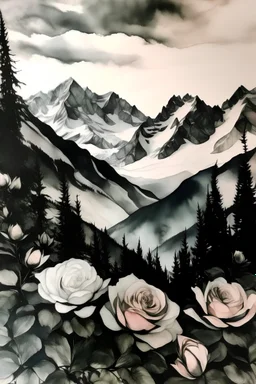 Roses in front of the Rocky Mountains; Ink wash with blush pink