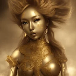 perfect face hitomi tanaka, golden statue, 8k, fog and smoke effect, chakra energy around HDR photograph