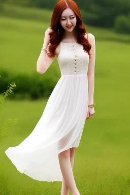 full shot body of Woman portrait with fairly pale skin , green eyes, long auburn hair, and wearing a pretty lace dress . Her outfit is a sexy dress , nice sport shoes. country side ,small lake with a hose in side,