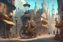 Cartoon Victorian steampunk street level city square