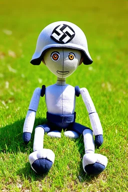 plush toy(tall and skinny, no arms, no legs, 1 eye) sitting, wearing a Nazi helmet, small feet at front, in a field of short grass
