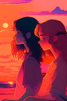 sunset, lofi colors, lofi vibes, cool colors, 2 girl