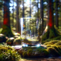 Create hyper-realistic photo of a glass tumbler in a wild forest. Inside, a miniature [Tehran] with landmarks. A trasparrent 3D text of [Tehran] blends naturally into the landscape . Soft bright daylight, reflections, and subtle imperfections like fingerprints. DSLR quality, sharp focus.