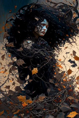 abstract creation of a beautiful girl with black curly hair, surrounded by black roses, thick metal chain broken, glass petals on the ground, autumn colours,dried out thorn bush, chaos,