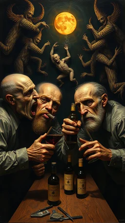 Hieronymus Bosch style nightmare men with alcohol bottles drunk