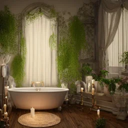 a gorgeous, stunning spa with gauzy curtains, ornate bath, dark wood floor, decorative foliage, plants, candles, flowers, tranquil, 8k resolution, high-quality, fine-detail, digital art, detailed matte, volumetric lighting, illustration, 3D octane render, brian froud, howard lyon, selina french, annie stokes, lisa parker, greg rutowski,