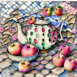 Watercolour and ink patchwork in the style of Jamie Heiden, Walter Crane, Yayoi Kusama, Ivan Shiskin, John Atkinson Grimshaw: zentangle cute whimsical watercolor Still life with apples on a porcelain plate and a teapot crisp quality, ultra detailed, elegant, fantastical, surreal, watercolor and pen, beautiful high definition fine 3D line art, white and grey and red dreamy colours, extremely detailed, intricate, elaborate, HDR, award winning, expressionism, fantastic view, ethereal, fantasy, unsi