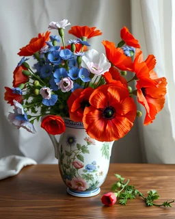 Cornflowers and poppies in an English porcelain vase. Vase with painting, flowers are very large, rich red colors. on an oak table with Miki Asai style decor Macro photography, close-up, hyper detail, artstation trend, sharp focus, studio photo, intricate details, high detail, Greg Rutkowski, UHD drawing, pen and contrast, perfect composition, octane rendering, artstation color trends, 8k art photography, photorealistic concept art, soft intelligent Raphael. Silver drapery tone.