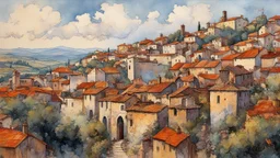 ink oil painting of a medieval Italian village landscape in Tuscany, smoke rising from chimneys and the village bustles with life, in the impressionist style of Childe Hassam, mixed with art nouveau, and abstract impressionism, and the comic art style of Jean-Giraud Moebius, precise and sharply defined brickwork and stone edges, in subdued natural colors