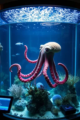 You’re looking at something truly unusual, aren’t you? A creature that blends human features with octopus tentacles, floating inside a glass tank that feels more like a high-tech aquarium than a simple display. The water glows with blue hues, and tiny fish dart around it like they’re part of a living scene. Coral and seaweed sway gently, giving the whole thing a dreamlike rhythm. Around the tank, you can see screens flickering with data and little gadgets humming softly, as if someone’s watching