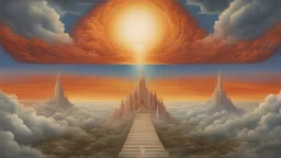 Erstelle ein eindrucksvolles und symbolträchtiges Bild, das die Gegensätze zwischen Himmel und Hölle nach dem Prinzip "So wie oben, so auch unten" verkörpert. Eine klare horizontale Linie in der Mitte des Bildes sollte den Spiegelpunkt zwischen den beiden Szenen darstellen. Obere Hälfte (Himmel): - Der Himmel sollte von einem Wolkenkranz umgeben sein, auf dem die Umrisse des Himmelreiches zu erahnen sind. - Die sieben Erzengel, gerüstet für die Schlacht, stürzen mutig in Richtung der Hölle hina