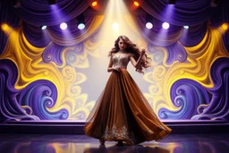 modern stage with gray-dark yellow blueish violet theme artistic decoration , color full dynamic lighting, a beautiful lady in maxi dress with shining silver jewels ,curvy long hair,dancing, 3D recursive fractal structure animating background