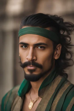 Photo Of A Man with tanned skin, Shaved Sides with Long Parted Hair, goatee and all hair is in green color, more long hair, goatee in brown colour without mustaches, brown eyes, more old, 30-years-old, , Highly Detailed 8k, Intricate, Nikon D