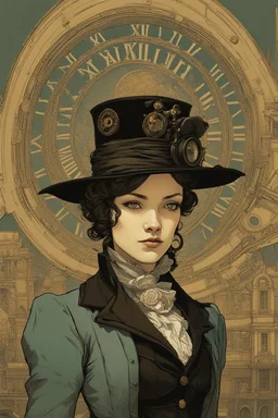 A Female Time Traveler In Victorian London, Her Modernity Clashing With The Past, Charming Eyes, Gracious And Askance Look, Super High Detailed Face, Style That Weaves Together Steampunk And Contemporary Graphic Novel Art, Influenced By The Heavy Brushstrokes Of Ashley Wood, The Delicate Linework And Carefully Rendered Textures Of Aaron Horkey, Victo Ngai And Piotr Dura, Intricate Details, Masterpiece