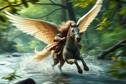 oil painting ,motion blur running caped long haired male angel with blurred wings, pixie Quickling - Forgotten Realms dodging arrows above water and along winding branches in lush green forest holding arms around neck of speeding pegasi, bokeh like f/0.8, tilt-shift lens 8k, high detail, smooth render, down-light, unreal engine, prize winning