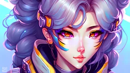 overwatch girl, smooth soft skin, big dreamy eyes, beautiful intricate colored hair, symmetrical, anime wide eyes, soft lighting, detailed face, digital painting