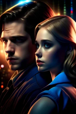 Realistic 3D photo of A realistic image of bucky barnes and betty cooper, photography, action, marvel, Riverdale, Betty Cooper on The CW teen drama series, lili reinhart, sebastian stan, movie poster, Film photography, Color photo, Dark Cinematic lighting, Medium shot, portrait, romance
