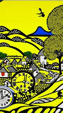 A golden yellow Japanese village with mystic clocks painted by Roy Lichtenstein