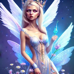 Fantasy cute fairy with wings, smiling, blue eyes, make up, long blond platinum hair, crown, beautiful dress, flowers in background, HQ