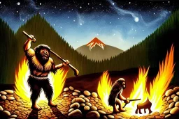 caveman holding a club, cave, cave bear, campfire, stone age, painting, masterpiece, mellow, dawn,