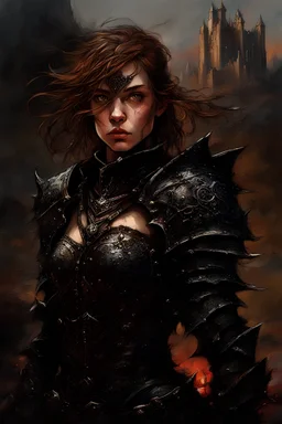 A formidable warrior girl in black armor, on the background Amazing gloomy landscape, flooded with sunset, mountains, trees, fabulous scary hero, , juicy emotions, painting, dark fantasy, gloomy day, dark world, portrait, Gothic Town At Night, Fantasy, Intricate Details, Castle Courtyard Gardens, Hyper Detailed, Jean Baptiste Monge, Carne Griffiths, Michael Garmash, Seb Mckinnon, Masterpiece