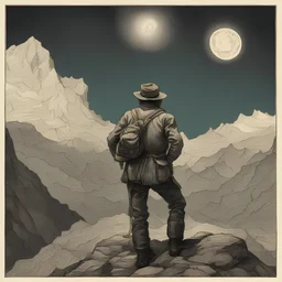 un montañista en la cima de una montaña observando el cielo al estilo de vicent van gogh