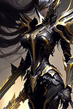 a woman with a sword in her hand, 2. 5 d cgi anime fantasy artwork, ghostblade, black and golden armor, of a beautiful saryn warframe, intricate assasin mecha armor, black armor, sharp black armor, dark warrior, cgsociety 9, anime fantasy artwork, of a beautiful female warframe, detailed warframe fanart