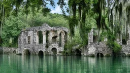 A ruined stone building in a lake, balconies, verandas, arches, bridges, spires, stairs, trees, dense foliage, spanish moss, ivy, blue sky, white clouds