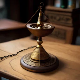 péndulo osiris de bronce girando sobre una mesa de madera. Fondo de humo ondulante de sahumerio encendido