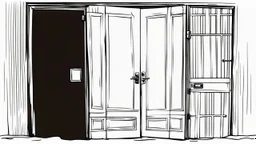 unhinged door, anime, monochrome, black background, ink, simple, maximum quality, broken hinge, barely functioning, why is it still being used it's a health hazard