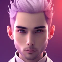 man, cute face, white highlight hair, brown eye, white, skin, purple suits, futuristic, science, purple, blue, pink background lighting, technology, profile, asian boy, square face, one eye