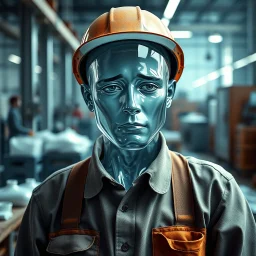 an very sad transparent glas man with working clothes, in a factory, nobody cares about the empty glas man, that is why he is so sad :( , he had worked 30 years in the factory and never had a salary increase, tears in his eyes, the working man is transparent, everyone see through him