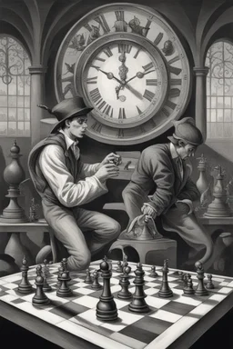 harlequin playing burning chess on racing field with a confused look on his face in front of a huge big old clock, in the style of Escher