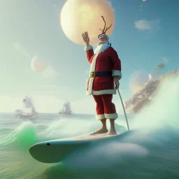 Santa standing of surfboard surfing a big wave, surfboard, beach, character design by cory loftis, fenghua zhong, ryohei hase, ismail inceoglu and ruan jia. unreal engine 5, artistic lighting, highly detailed, photorealistic, fantasy