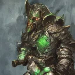 dnd, ork, green skin, wearing shiny armor, portrait