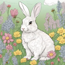 A cute {bunny} with soft%2C fluffy fur%2C surrounded by vibrant spring flowers in a meadow dotted with buzzing bees Coloring Book Page