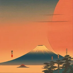 Ukiyo-e Style , mount fuji, sun set