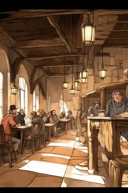 Lots of People sitting around tables in a medieval tavern with a stone floor, add people to the chairs