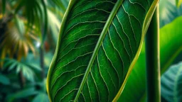 digital painting, A close-up view of large with intricate veins, surrounded by a blurred background of a tropical jungle, bold and slim lines, brush strokes