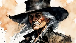 create an ink wash and watercolor, close up, full body portrait of an aged female, late 19th century Louisiana bounty hunter in a battered bowler hat, Hunt: Showdown, La Luz Mala, in the comic book style of Warren Ellis ,Bill Sienkiewicz, and Jean-Giraud Moebius highly detailed hair and coarse, lined, rugged, weather worn feminine facial features, ragged, worn clothing, grainy, gritty textures, foreboding, dramatic volumetric lighting , vivid natural colors